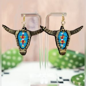 Steer Head Free Spirit Boho Southwestern tribal people Seed bead wood earrings